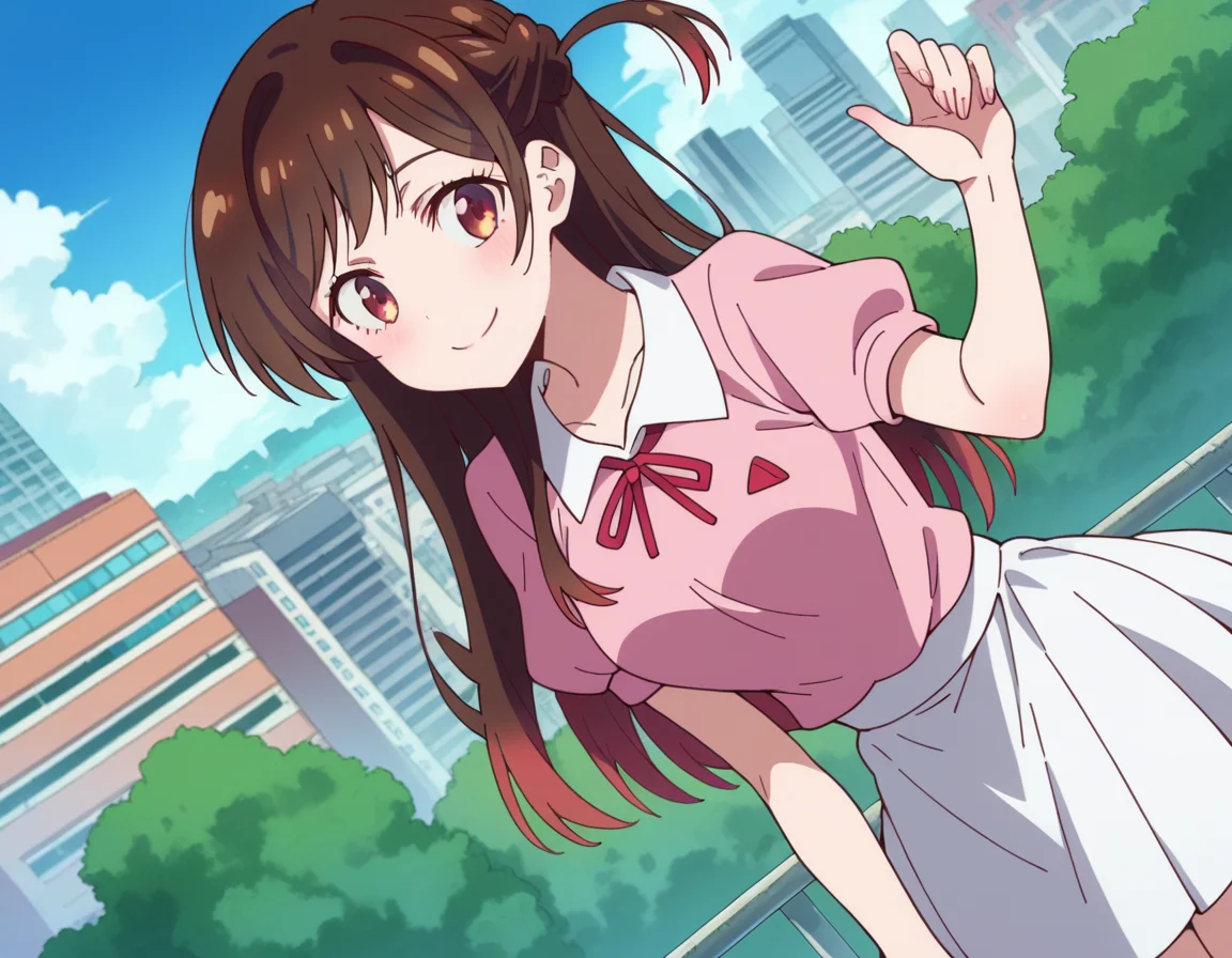 score_9, score_8_up, score_7_up, source_anime,
chizuruichinose, <lora:chizuru-ichinose-s1-ponyxl-lora-nochekaiser:1>,
chizuru ichinose, long hair, bangs, brown hair, brown eyes, one side up,
skirt, shirt, short sleeves, puffy sleeves, puffy short sleeves, white skirt, pink shirt,
outdoors, cityscape, smile, bent over,
looking at viewer, cowboy shot, solo, dutch angle,