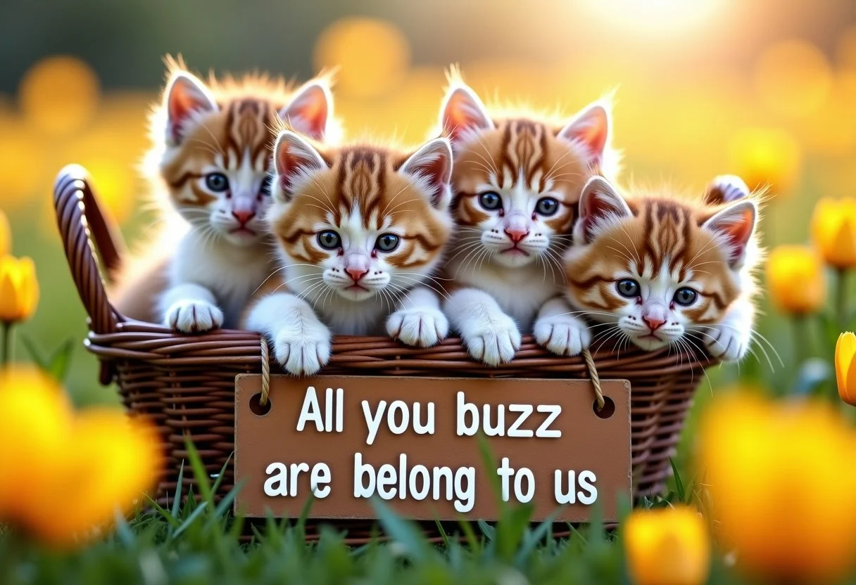 A cute fluffy bundle of kittens in a basket. In the middle of a field of flowers. All the kitties are looking at the viewer with pleading adorable eyes. (A sign hangs on the front of the basket that says "All you buzz are belong to us")