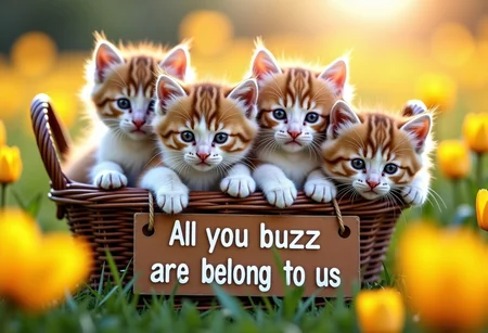 A cute fluffy bundle of kittens in a basket. In the middle of a field of flowers. All the kitties are looking at the viewer with pleading adorable eyes. (A sign hangs on the front of the basket that says "All you buzz are belong to us")