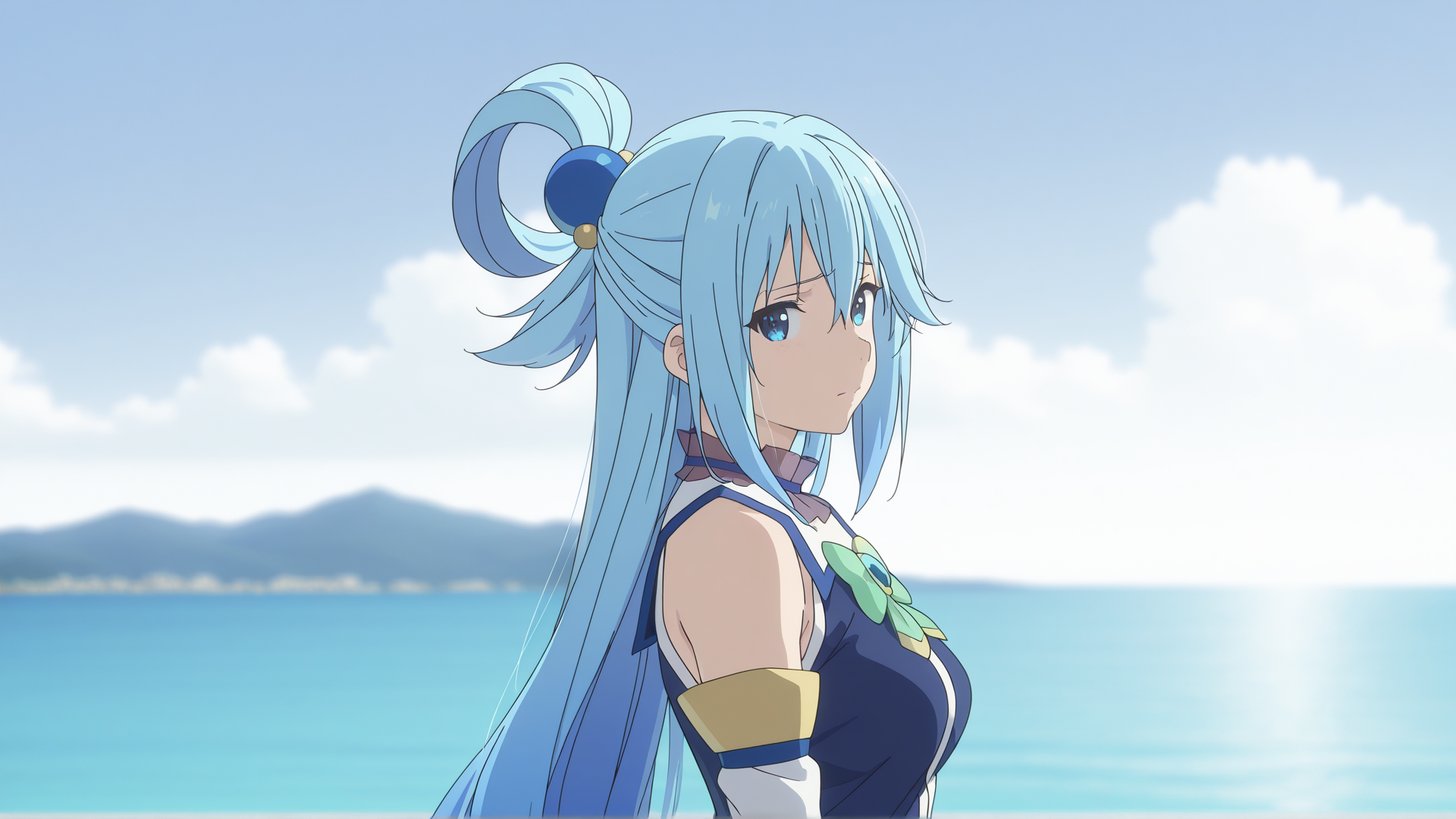 highres, hi res, best quality, masterpiece, 2d, intricate details, 4k, anime coloring, countershading,
1girl, solo, female, blue hair, blue eyes, hair ornament, hair rings, single hair ring, long hair, very long hair, aqua (konosuba), 
sad, sadness,
bow, bare shoulders, detached sleeves, white sleeves, 
upper body, looking at viewer, depth of field, cloud, cloudy sky, day, horizon, mountain, mountainous horizon, ocean, outdoors, sky, water,
<lora:kyoto_animation_ILXL:1>, kyoto animation,