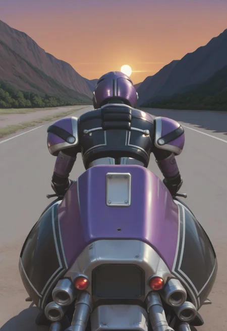 anime screencap, anime coloring,
solo, 1girl, (covered neck), BREAK
Tent0u, robot, tokusatsu, solo, armor, bodysuit, shoulder pad, tent0 motorbike, riding, riding motorbike, from behind
outdoors, road, sunset, dramatic lighting