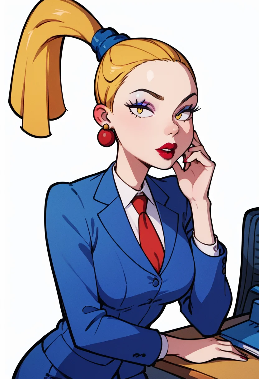 score_9, score_8_up, score_7_up, clean scene, white background, looking at viewer, <lora:Charlotte_Pickles_PDXL:0.9> charlottepicxl, ponytail, earrings, lipstick, makeup, blonde hair, yellow eyes, office suit, red tie, blue jacket, medium breasts,