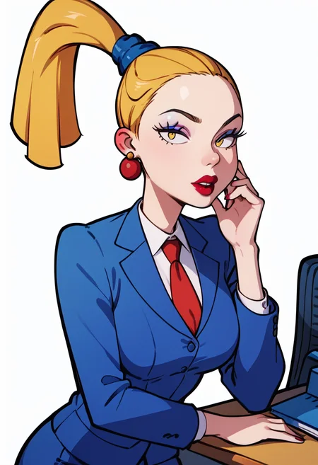 score_9, score_8_up, score_7_up, clean scene, white background, looking at viewer, <lora:Charlotte_Pickles_PDXL:0.9> charlottepicxl, ponytail, earrings, lipstick, makeup, blonde hair, yellow eyes, office suit, red tie, blue jacket, medium breasts,