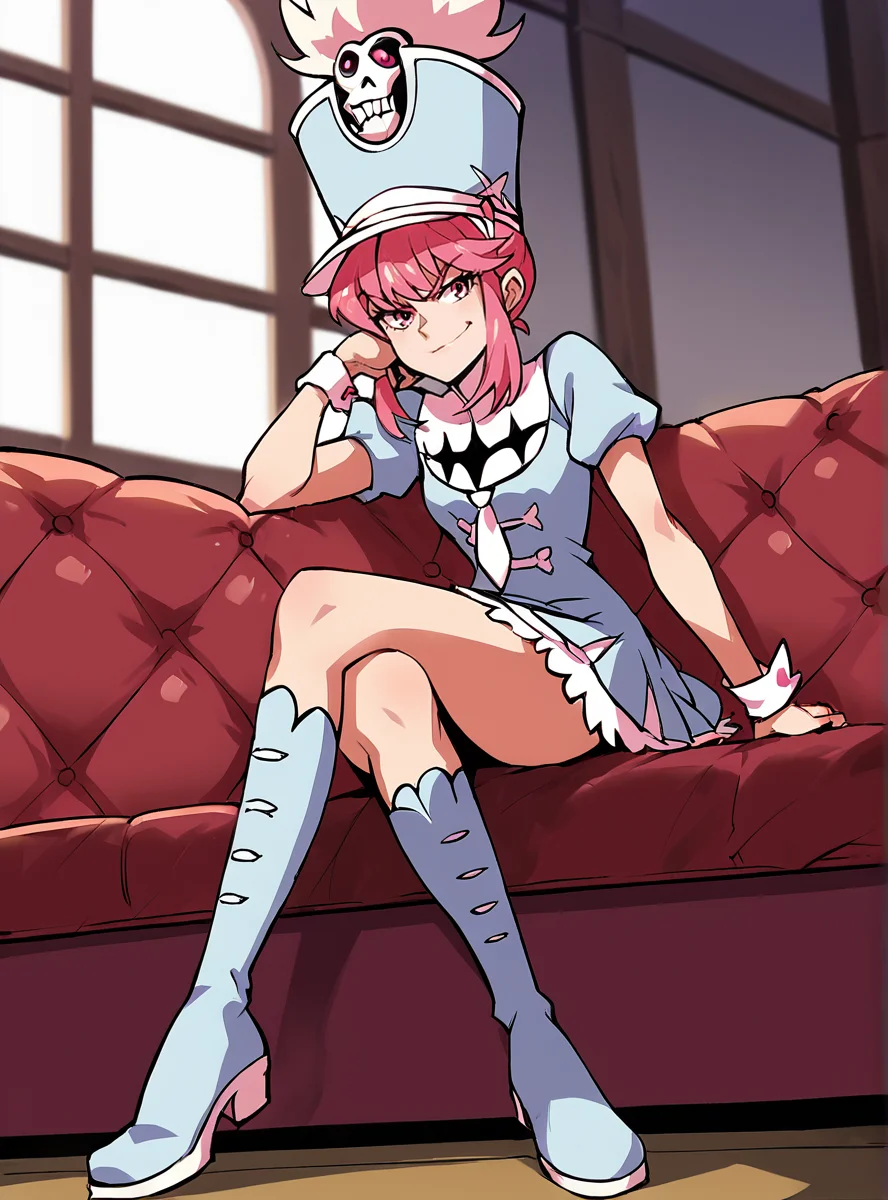 score_9, score_8_up, score_7_up, score_6_up, score_5_up, score_4_up , source_anime, anime screencap, <lora:Nonon2:0.8>jakuzure nonon, pink hair, pink eyes, sidelocks, shako cap, uniform, dress,indoors, sitting, crossed legs,boots, smirk,
