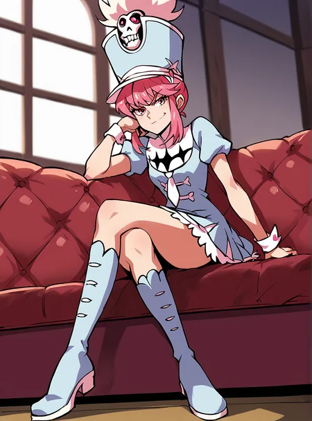 score_9, score_8_up, score_7_up, score_6_up, score_5_up, score_4_up , source_anime, anime screencap, <lora:Nonon2:0.8>jakuzure nonon, pink hair, pink eyes, sidelocks, shako cap, uniform, dress,indoors, sitting, crossed legs,boots, smirk,
