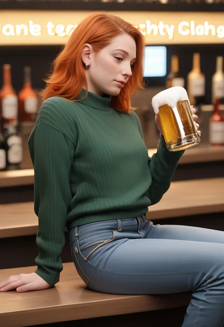 zPDXL3 zPDXLpg zPDXLrl ginger woman with red hair in luxurious nightclub, sitting at the bar holding a beer, wearing a sweater and jeans