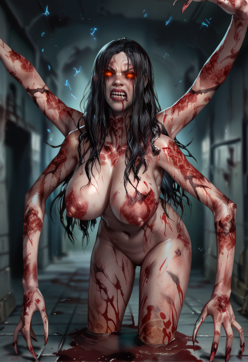 score_9,score_8_up,score_7_up,score_6_up,
victorianoxl,red eyes,long black hair,hair over eyes,shouting,extra arms,4 arms,
completely nude,large breasts,blood,angry,glowing eyes,
solo,blood, injury, 
abandoned hospital,night,
<lora:LauraVictorianoXL:0.9>,