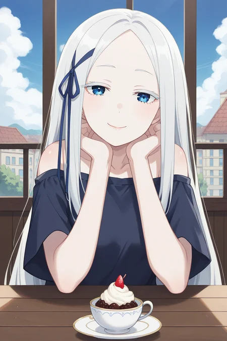 score_9, score_8_up, score_7_up, source_anime, 1girl, prefect lighting, very aesthetic, intricate details, highly detailed background, masterpiece, high quality, prefect hands, best quality, solo,
<lora:Pandora_ReZero_V1:.75>, KJOpandora, white hair, blue eyes, parted bangs, Long eyelashes, very long hair, hair ribbon, half-closed eyes, pale skin, 
black oversized t-shirt, off shoulders, bare shoulders,
<lora:PONYXL_CONCEPT_PovDating_ownwaifu:1>, CONCEPT_PovDating_ownwaifu, 1girl, cup, smile, window, looking at viewer, indoors, pov across table, cafe, spoon, sitting, teacup, parfait, food, ice cream, upper body, chair, saucer, pov dating, head tilt, head rest,
patio, outside, restaurant, wood table, railing, stone street, buildings, sunny day, cloudy sky,
(Beautiful, small Breasts:1.2), natural breasts,