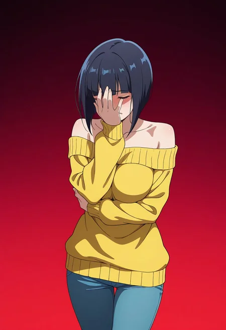 masterpiece, best quality, amazing quality, anime coloring, anime screencap, 1girl, mature female, inverted bob, black hair, blunt bangs, cowboy shot,  BREAK  simple background,  dynamic pose gradient background,  red  background  off-shoulder sweater,     facepalm,