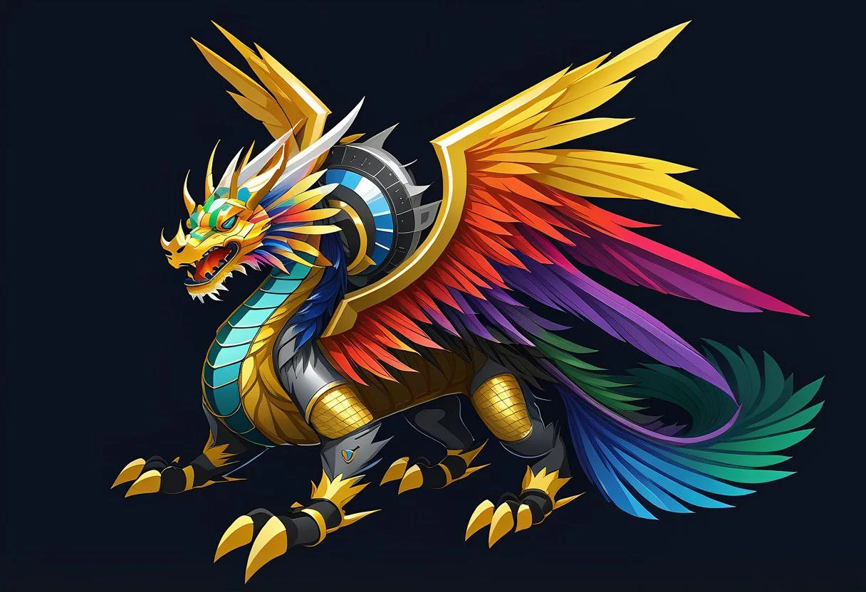 Mechanical Asian Dragon with rainbow scales and multiple feathered wings along its body, wearing a helmet with a glowing crest, BREAK, (8k:1.0), (hi res:1.0), (masterpiece:1.0), (best quality:1.0), (realistic:1.2), (ph0t0x2:1.0),