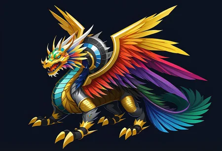 Mechanical Asian Dragon with rainbow scales and multiple feathered wings along its body, wearing a helmet with a glowing crest, BREAK, (8k:1.0), (hi res:1.0), (masterpiece:1.0), (best quality:1.0), (realistic:1.2), (ph0t0x2:1.0),