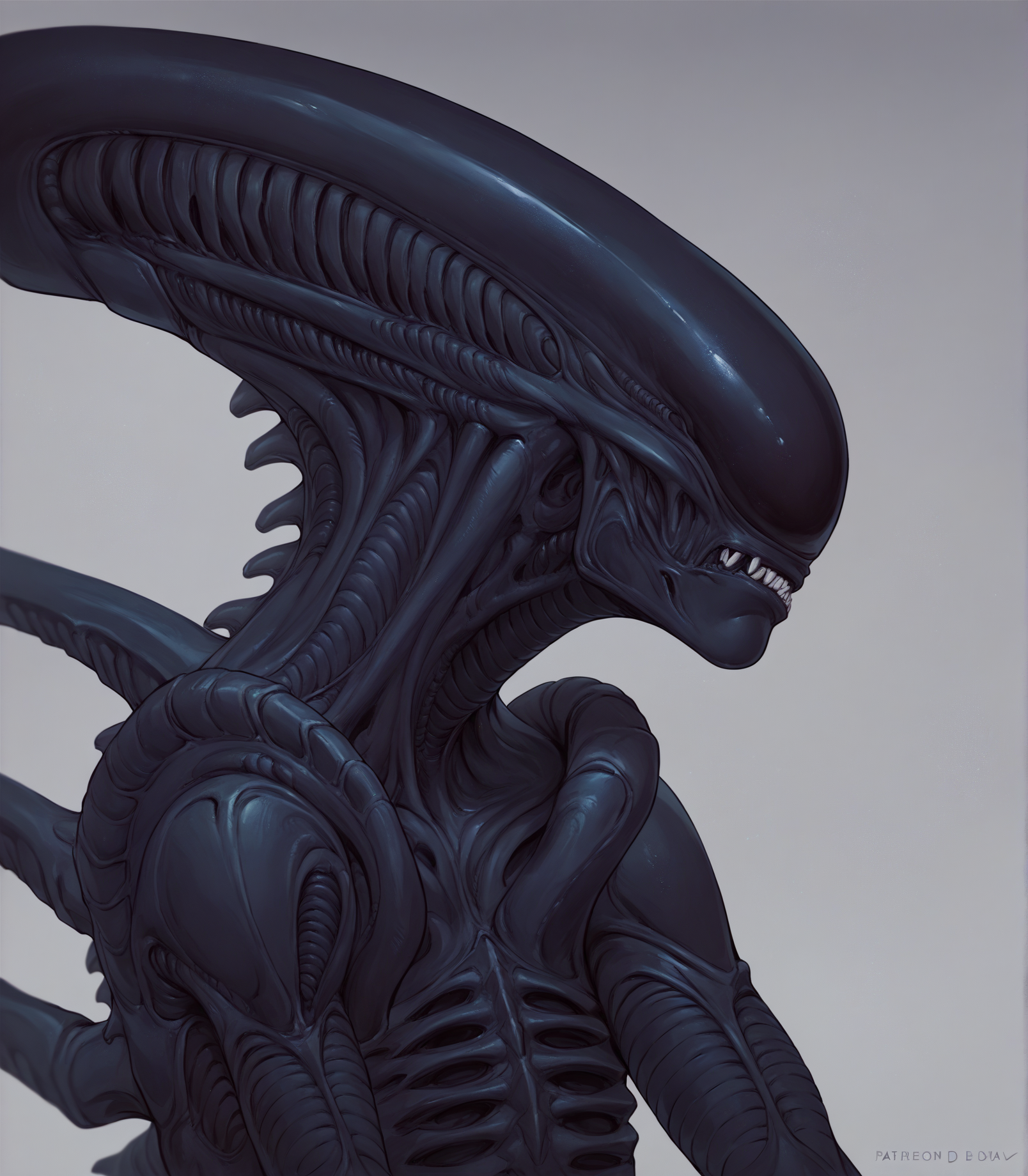 score_9, score_8_up, score_7_up, score_6_up, score_5_up, score_4_up, source_furry, alien, xenomorph, black body, black skin, solo, spikes, spikes \(anatomy\), female, headshot portrait, close-up
<lora:xenomorph_pdxl:1>