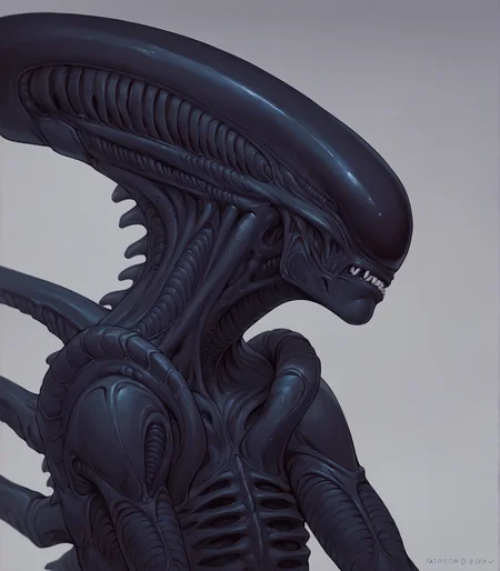 score_9, score_8_up, score_7_up, score_6_up, score_5_up, score_4_up, source_furry, alien, xenomorph, black body, black skin, solo, spikes, spikes \(anatomy\), female, headshot portrait, close-up
<lora:xenomorph_pdxl:1>