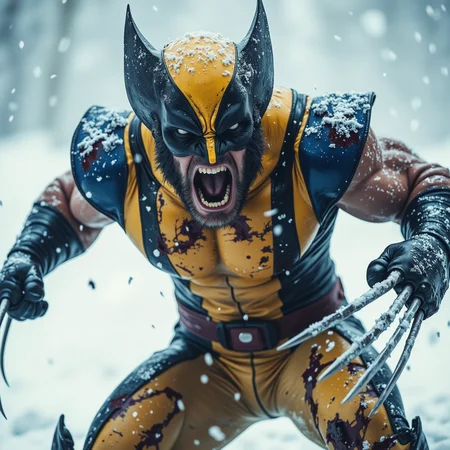 raw photo, Wounded, masked Wolverine, furiously strikes toward the viewer. He has stocky, muscular build, wearing ripped yellow and blue body suit with black stripes. Long, sharp, adamantium claws extended from his knuckles. He is engulfed in whiteout conditions, swirling snow, and buffeting winds. His piercing eyes convey a sense of intensity and determination. The image is captured from a dynamic angle, with intricate details, and a mix of blur effect and sharp focus
