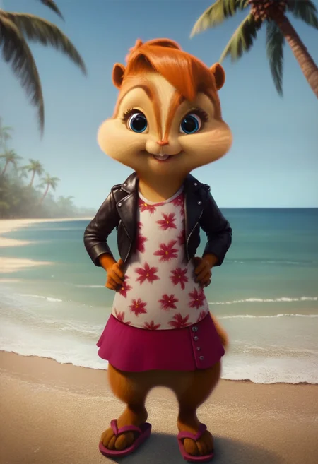 score_9, score_8_up, score_7, score_6, detailed background, beach, palm trees, ocean, brittany miller, chipmunk, furry, short ears, white floral shirt, black leather jacket, floral mini skirt, sandals, standing, hands on hips, looking at viewer, front view, cute smile, 6 inches tall