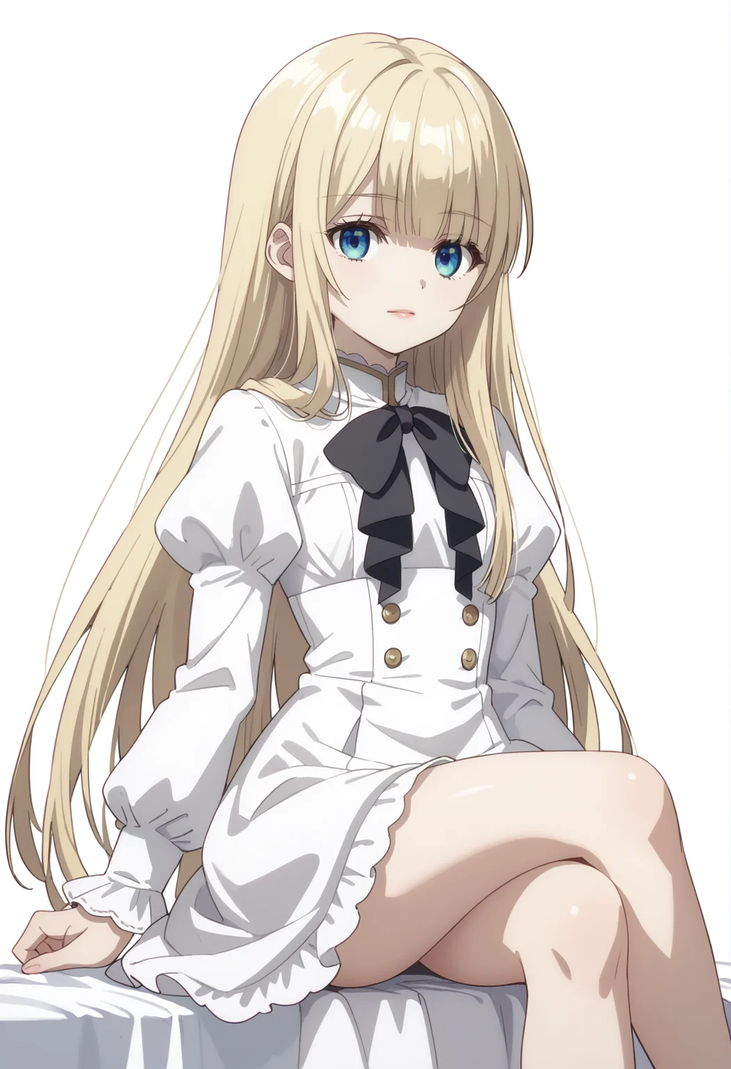 score_9_up,score_8_up,score_7_up,<lora:FEI LI SI_v0.9_pony-000024:1>,
CDE_FLS,1girl,solo,long hair,blue eyes,bow,blonde hair,black bow,long sleeves,white background,bowtie,looking at viewer,simple background,puffy sleeves,black bowtie,blunt bangs,juliet sleeves,dress,cowboy_shot,sitting,crossed_legs,bare legs