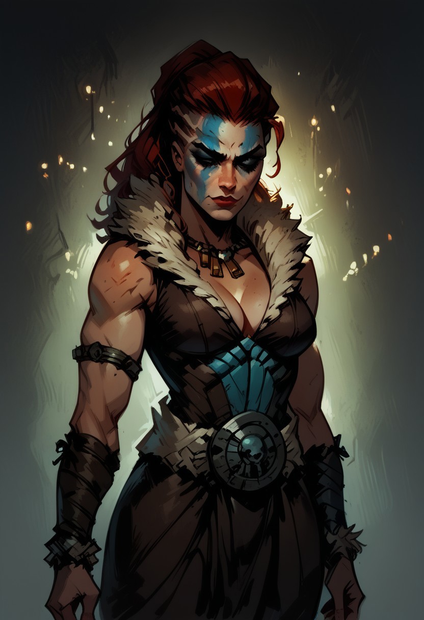 score_9, score_8_up, score_7_up, BREAK, 1woman, cowboy-shot, beautiful, dramatic lights ((Hellion, HellionDD, Hellion Darkest Dungeon, red hair))