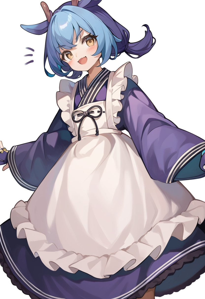 (score_9:0.9),score_8_up,score_7_up,anime style,rating_safe,(zPDXL),<lora:parlor dragonmaid ponyXL v2:0.84>, laundry dragonmaid, blue maid outfit, fingerless gloves, blue footwear, 1girl, solo, white background, looking at viewer, smile, simple background, open mouth, notice lines, blush, :d, cowboy shot,
