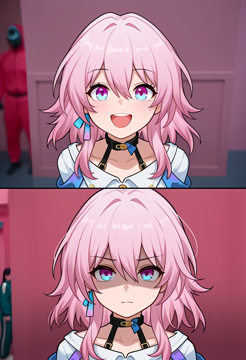 (masterpiece, high quality, amazing detail), highres, before and after, squid game, march 7th \(honkai: star rail\), partially shaded face, green jacket, <lora:Before_and_Afer_Joining_Squid_Game:1>