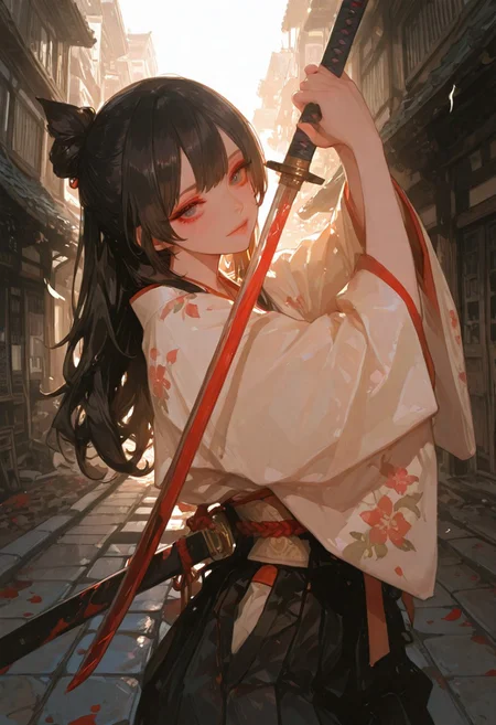 (1girl)), gorgeous girl, kawaii girl, cute face, masterpiece, best quality, very awa, absurdres, 748cmstyle, usnr, kazama_iroha, Iroha hololive,, masterpiece, best quality, Good quality, very aesthetic, absurdres, newest,1girl, light rays, looking at viewer, sky, solo, gradient color, erotic, petals falling 
BREAK 
ultra-detailed, 8K, illustration, CG, ultra-detailed-eyes, detailed background, ambient occlusion, raytracing, soft lighting, absolutely eye-catching, intricate cinematic background, (beautiful face), , eyelashes, erotic, looking seductive, coy. dynamic action image, detailed face, detailed eyes, direct mesmerizing gaze, mature female, Flat chest, presenting herself
BREAK 
(sexy, slutty, hot, aroused),
BREAK 
sword, weapon, holding, black_hair, blood, holding_weapon, solo, holding_sword, katana, single_hair_bun, outdoors, hair_bun, long_hair, 1girl, blood_splatter, blood_on_weapon, getou_suguru, building, japanese_clothes, topknot, dual_wielding, wide_sleeves, long_sleeves, fighting_stance, city