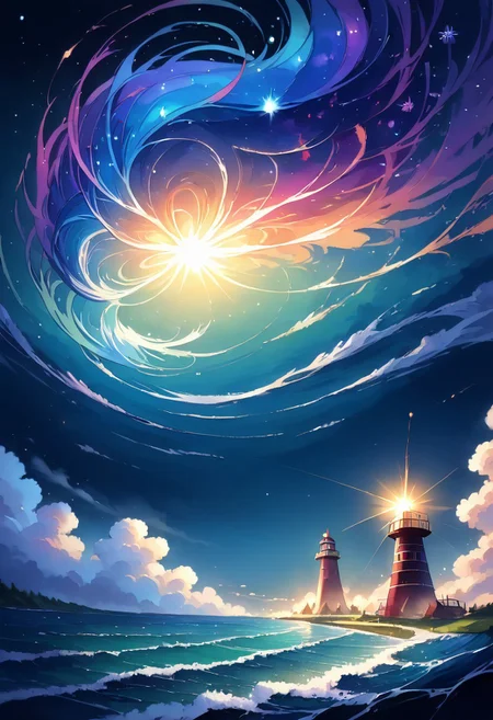 lighthouse, small rocky island, ocean waves, bright sunlight, studio ghibli, (score_9, score_8_up, score_7_up, best quality,masterpiece,high res, 4k,magical,ethereal,mix of watercolor and oil painting, Chiaroscuro,deep colors, vivid, colorful, fairy tale aethestics, magic, fmotion lines, cinematic composition, volumetric lighting, volumetric fog, volumetric dusk, lots of volumetric clouds, cinematic composition, side view, penumbra, celestial, ethereal)