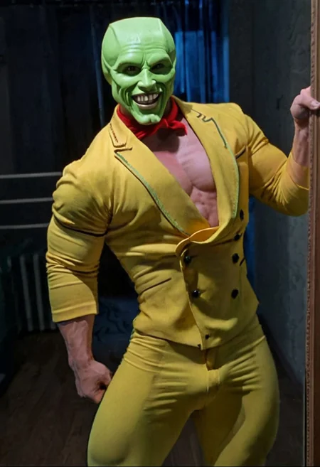 Extremely muscular strong handsome young grinning lustful man with a green head wearing yellow suit looking at himself in through a mirror in his flat at night, big bulge, large biceps, wide shoulders, muscular legs, the_mask