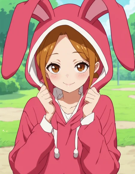 score_9, score_8_up, score_7_up, anime screencap,1girl, solo,animal ears, rabbit hood,, brown hair, brown eyes,center parted bangs,smile,blush,looking at viewer<lora:IchijoRanko:1>