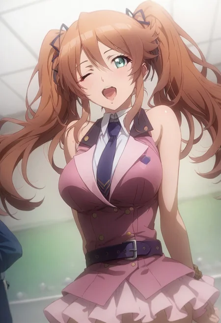 score_9,score_8_up,score_7_up, Expressiveh ,perfecteyes, source anime, beautiful eyes, shiny skin, perfect composition,
aya_sugihara, 1girl, twintails, long hair, brown hair, green eyes, blue eyes, breasts,
necktie, sleeveless, pink waistcoat, white collared_shirt, ribbon,
skirt, thighhighs, belt, bound wrists, zettai ryouiki, idol,
Dancing, on stage, idol pose, cowboy shot, dutch angle, upper body, wink, open mouth, v ,