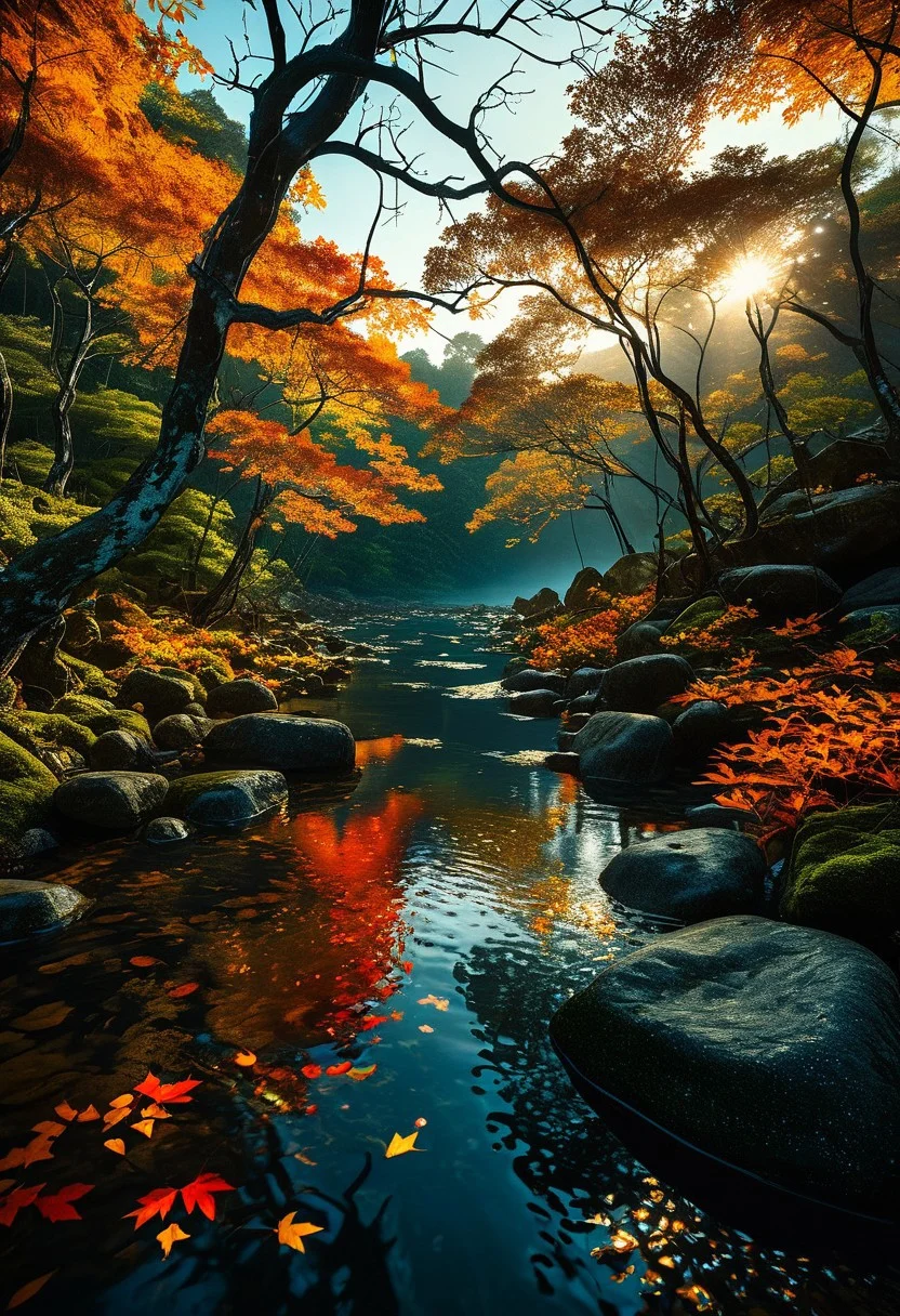 (translucent plunge pond in a magical claustrophobic forest chock full of trees with water surface completely covered in tons of floating autumn maple leaves:1.28), (filled with saturated multicolored stone boulders at the bottom of riverbed lit with caustics:1.2) (with mossy floating log and waterholes and glowing coral reefs at the bottom of pond:1.24), afternoon (moody atmosphere:1.08) golden (hour with godrays piercing through dark canopy branches:1.2), (bioluminescent-shikoku gleaming light:), (prismatic cohesive color grading), 4k, highres, best quality, dramatic, cinematic, epic, (concept art, digital art, realistic, professional masterpiece, raised view, dutch angle, establishing far shot, dynamic shot, (curvilinear perspective), sharp clarity:1.2), fine intricate details, great lighting, dappled soft lighting, volumetric lighting, detailed highlights, rim lighting