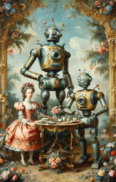 masterpiece,best quality,<lora:tbh356-sdxl:0.6>,illustration,style of patten of Rococo portrait of Housework robots