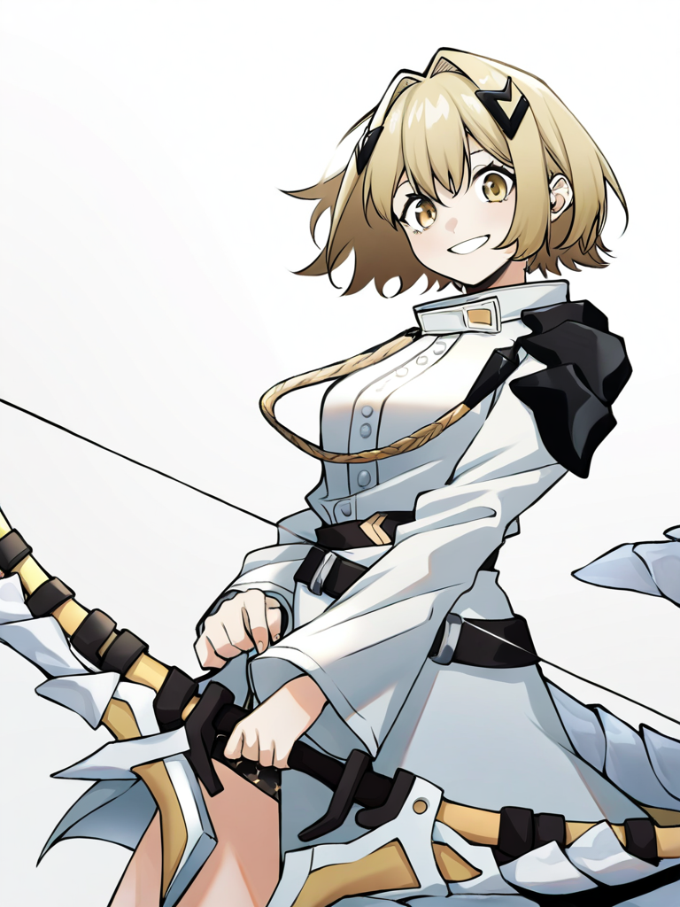 ,1girl,looking at viewer,smile,solo,vice\\(alchemy stars\\),tail,bow,holding,holding weapon,bow_(weapon),simple background,white background,arrow,<lora:vice-000015:1>, masterpiece, best quality, very aesthetic, absurdres