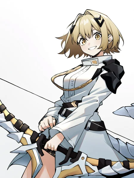 ,1girl,looking at viewer,smile,solo,vice\\(alchemy stars\\),tail,bow,holding,holding weapon,bow_(weapon),simple background,white background,arrow,<lora:vice-000015:1>, masterpiece, best quality, very aesthetic, absurdres