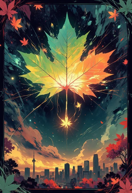 Mh1$AgThS2
A colossal maple leaf floats in low Earth orbit, its veins pulsing with liquid starlight harvested from neutron stars. The leaf's surface shifts between seasons every 5 seconds—spring's neon green, summer's solar gold, autumn's supernova red. Below, Toronto's CN Tower shoots a beam of quantum energy into its stem, feeding data to a galaxy-wide Canadian consciousness. Space elevators made of transparent graphene connect the leaf to cities below, their cables humming with maple-syrup-infused superconductors.
The entire composition glows against the cosmic backdrop of the Carina Nebula, its colors amplified by quantum filters.
Thin border of DNA-shaped maple seeds on a dark border background.