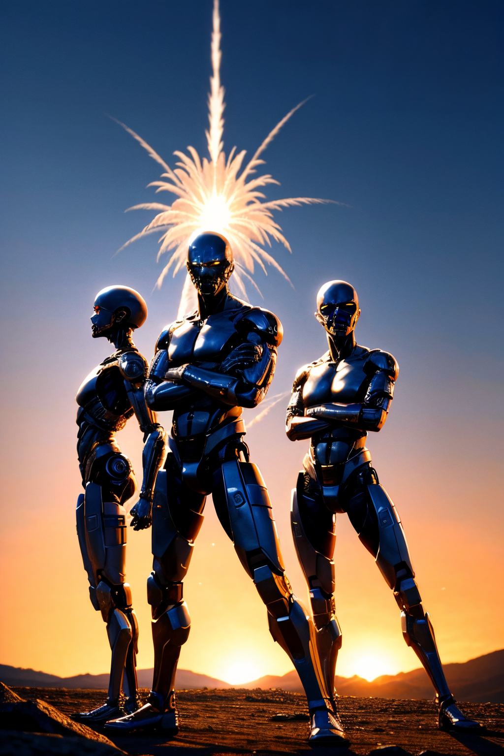 (view from left side), explosions in the background, night sky, Standing with arms crossed over chest, (Realisitc:1.5) alien woman terminator, big breasts, <lora:EdobAlienTerminatorFemale_v1.0:0.8>
