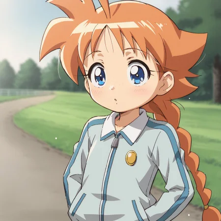 score_9, score_8, score_7, BREAK, solo, female child, ahiru, orange hair, ahoge, braid, blue eyes, track suit, cute, hands in pockets, outdoors, natural lighting