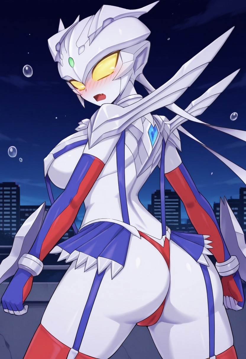 official art, detailed anime, ultra detailed anime art, anime screencap, screencap, score 9, score 8 up, score 7 up, masterpiece, anime coloring, source anime, 
BREAK
UltraGirlZero, 1girl, solo, perfect female body, large breasts, helmet, glowing eyes, yellow eyes, no pupils, yellow sclera, green jewel forehead, thighhighs, navel, genderswap \(mtf\), tokusatsu, alien, visible fang, colored skin, silver skin, ((metallic skin)), red and blue elbow gloves, chest armor, revealing clothes, blue suspenders, underboob, ((covered nipples:0.9)), navel, toned belly, micro skirt, blue garter straps, red mini panties, cameltoe, blue and red thigh-high boots, high heels, weapon at right arm, very long metallic ribbons at shoulders, shiny skin, smoothy skin, 
BREAK
cowboy shot, standing, ((from behind, back view)), ((partial visible ass, thong, large ass, bubble butt)), ((contrapposto)), seductive pose, city, night, rooftop, detailed background,