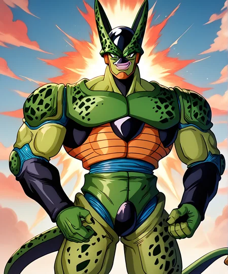 score_9, score_8_up, score_7_up,
<lora:Semiperfect_Cell_(Dragonball_Z)_(Pony)_(AD):1> Semiperfect Cell, green skin, android, robot, muscles, muscular, tail,
8K, spectacled light, In'ei, highly detailed, Masterpiece, best quality, beautiful details, crisp, chiaroscuro, anime style, 8K CGI anime, digital illustration, insanely detailed, digital media (artwork), internal subsurface reflections, masterclass color theory, depth of field, side lighting,
perfect hands, perfect proportions, sexy hyper muscular body, cutting edge anatomy, broad shoulders, large shoulders, wide thick chest, large pecs, pectorals, collarbone, 6 abs, thick muscular neck, large biceps, thick arms, thick legs, thick thighs, peak physical perfection, perfect male physique,
dragonball z style mountain valley, powerful personality, idle pose, perfect proportions, strong body, evil villain, green fingers, green body, green hands, evil smirk, condescending gaze, extraordinarily powerful, indomitable, detailed background, extreme perspective, red sunset sky,
BREAK zPDXL, zPDXLxxx,