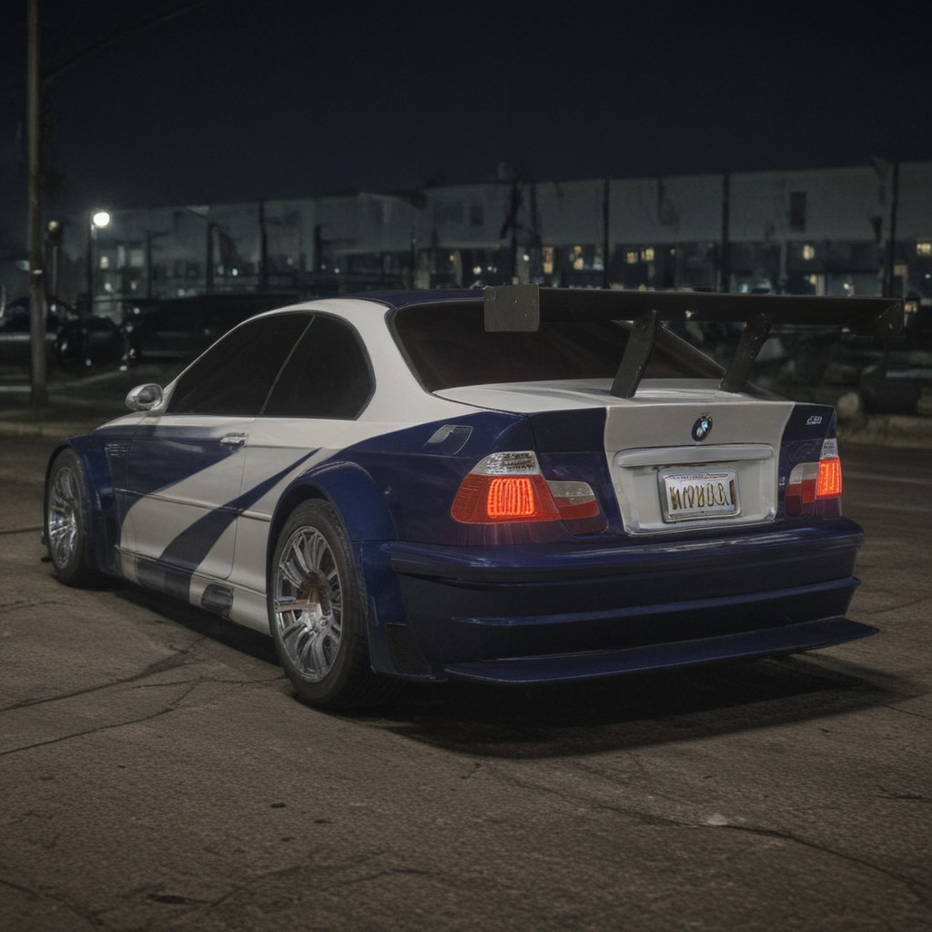 a detailed close-up captures the rear end of a BMW M3 GTR, set against a dark backdrop of a street lined with streetlights. the car's license plate, is prominently displayed on the rear bumper. the car's tail lights, a striking red hue, are illuminated, adding a pop of color to the scene. the car's side is adorned with a white stripe, adding a pop of color to the otherwise monochromatic palette. the car's side mirrors, positioned on the right side of the frame, add a touch of elegance to the overall composition.