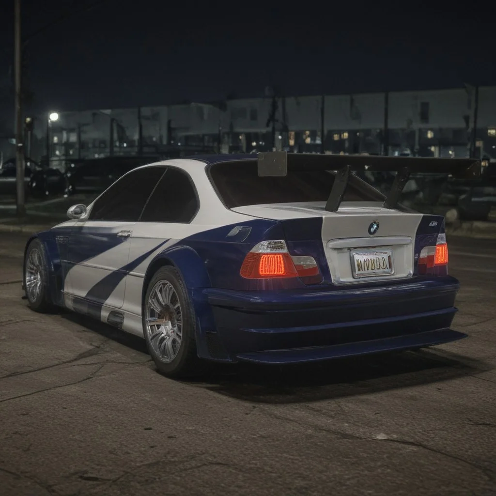a detailed close-up captures the rear end of a BMW M3 GTR, set against a dark backdrop of a street lined with streetlights. the car's license plate, is prominently displayed on the rear bumper. the car's tail lights, a striking red hue, are illuminated, adding a pop of color to the scene. the car's side is adorned with a white stripe, adding a pop of color to the otherwise monochromatic palette. the car's side mirrors, positioned on the right side of the frame, add a touch of elegance to the overall composition.