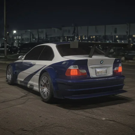 a detailed close-up captures the rear end of a BMW M3 GTR, set against a dark backdrop of a street lined with streetlights. the car's license plate, is prominently displayed on the rear bumper. the car's tail lights, a striking red hue, are illuminated, adding a pop of color to the scene. the car's side is adorned with a white stripe, adding a pop of color to the otherwise monochromatic palette. the car's side mirrors, positioned on the right side of the frame, add a touch of elegance to the overall composition.