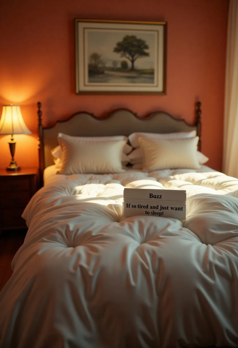 A clean elegant bed in the middle of a warm inviting bedroom, a sign next to the bed it says "Buzz If so tired and just want to sleep!", realistic, cinematic shot, aidmaimageupgrader,