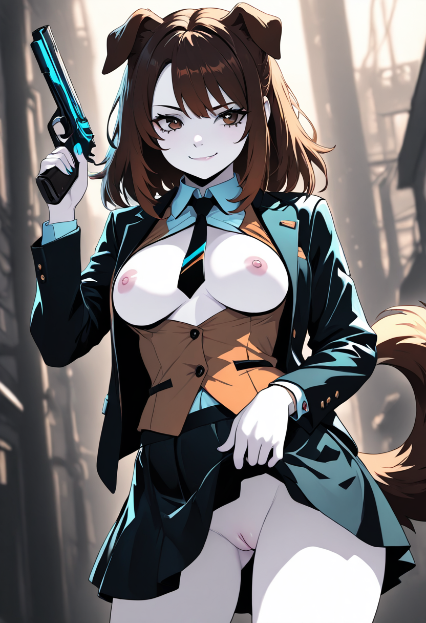 pale skin, <lora:CatGirlStyleNeon_V1-000003:1>, Smooth Quality,
1girl, brown hair, (brown eyes:1.2), dog ears, dog tail, masterpiece, 4k, medium breasts, cute, adult, neon edge, shirt with buttons, jacket, vest, black skirt, blue eyes, tie, gun in hand, CatGirlNeonStyle, pussy, nipples, smirk
