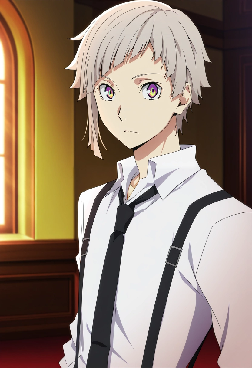 masterpiece, best quality, , anime screencap, anime coloring, official style, looking at viewer, 1boy, solo, male focus, <lora:atsushi_nakajima_ilxl:0.92>, atsushi_nakajima, grey hair, yellow eyes, multicolored eyes, purple eyes, short hair, white shirt, collared shirt, suspenders, black necktie, ,