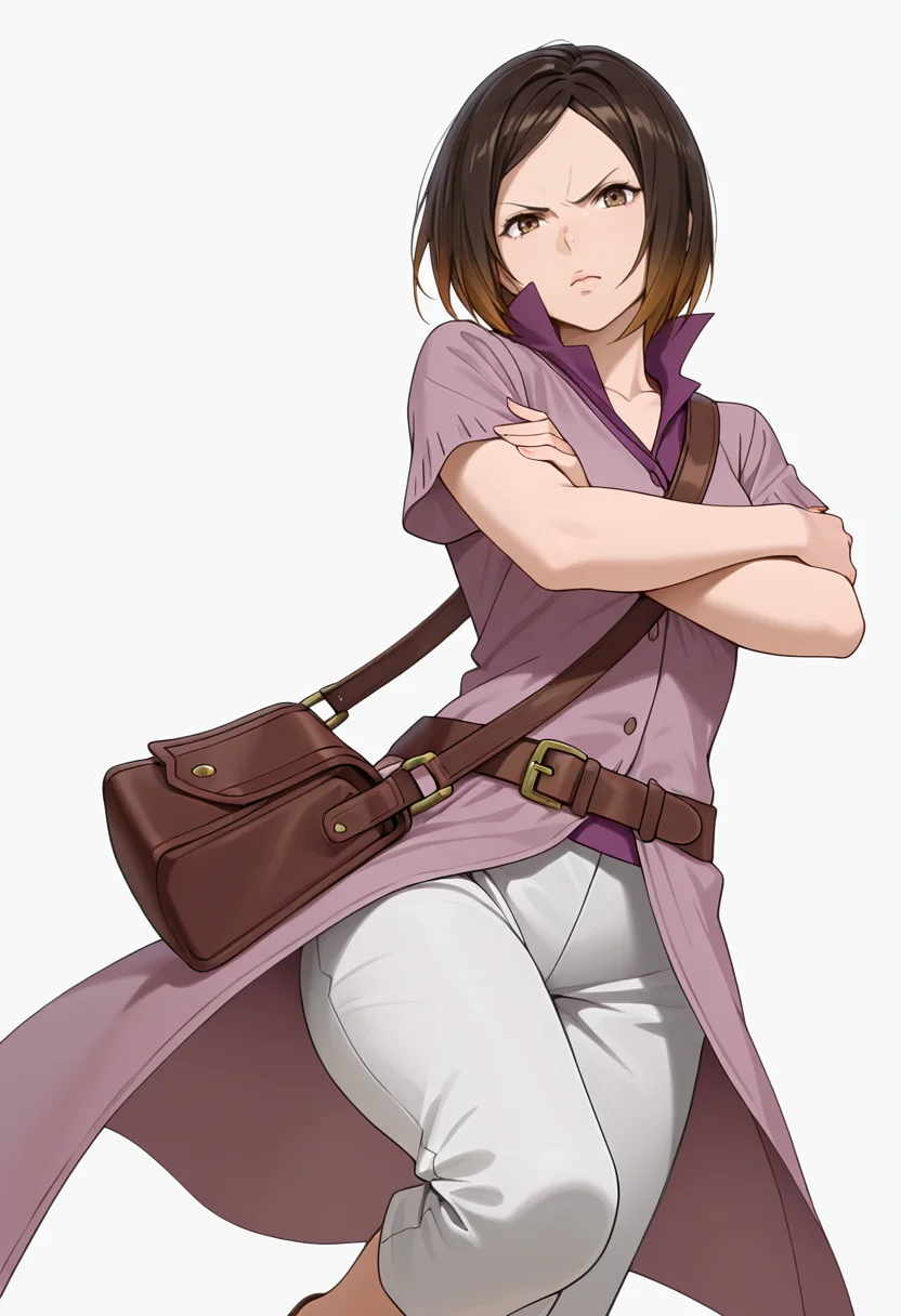 Smooth Quality,masterpiece,very intricate, high quality details, ultra realistic, high detailed skin,detailed enviorement,absurdres,
simple background, white background,solo,
dynamic pose, arms crossed, one leg bent, confident stance, slight head tilt, relaxed hands, ,dynamic angle,scowl,
<lora:Kirara_Mizutani_cnn:0.8> 1girl, short hair, brown hair, multicolored hair, two-tone hair, brown eyes, at viewer, upper body,shirt, short sleeves, collared shirt, coat, pants, purple shirt,brown belt, shoulder bag,