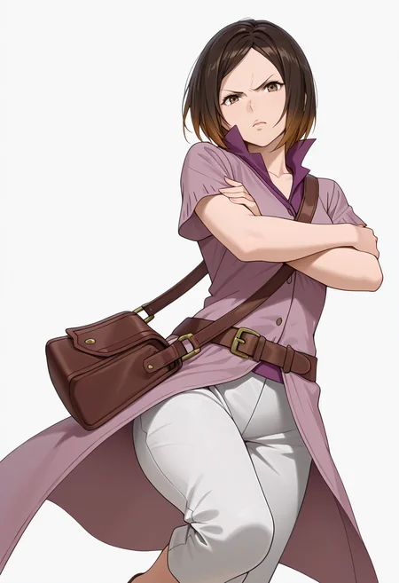 Smooth Quality,masterpiece,very intricate, high quality details, ultra realistic, high detailed skin,detailed enviorement,absurdres,
simple background, white background,solo,
dynamic pose, arms crossed, one leg bent, confident stance, slight head tilt, relaxed hands,  ,dynamic angle,scowl,
 <lora:Kirara_Mizutani_cnn:0.8> 1girl, short hair, brown hair, multicolored hair, two-tone hair, brown eyes, at viewer, upper body,shirt, short sleeves, collared shirt, coat, pants, purple shirt,brown belt, shoulder bag,
