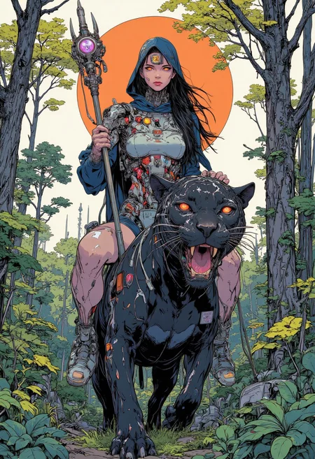 scifi, fantasy, masterpiece, best quality, great composition, Japanese Culture Style, Neo Photorealistic Art, Emotional Photos, 35mm film, a highly detailed fantasy scene set in a dense, lush forest. The central figure is a fierce mechanical cyberpunk warrior woman with a muscular physique, fair skin, and long, dark hair peeking out from beneath a dark blue hooded cloak. She wears a form-fitting, metallic breastplate armor that showcases her ample breasts and a short skirt that exposes her thighs. Her expression is determined. Riding on the back of a massive, dark panther is the warrior woman. The panther's fur is sleek and glossy, with a menacing glare and bared teeth, suggesting a formidable and loyal companion. The warrior holds a long, ornate staff with a glowing gem at the top, adding to the mystical atmosphere. The background is filled with towering trees and thick undergrowth, their leaves a mix of green and yellow hues, creating a vibrant and lively forest environment. The light filtering through the dense foliage casts a soft glow, highlighting the textures of the armor and the panther's fur. The overall style of the artwork is highly detailed and realistic. anime, cyberpunk, A digital anime artwork in the style of cklg, (orange moon in the background), vibrant colors, high contrast