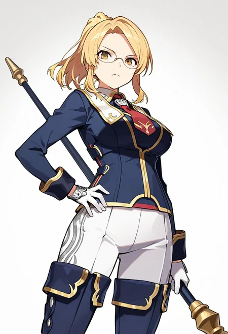 (score_9, score_8, score_7),masterwork, masterpiece, best quality, blonde hair, ponytail, glasses, sharp eyes, serious expression, navy blue military uniform, gold trim, white high-waisted pants, red ribbon necktie, silver brooch, armored gloves, long-sleeved jacket, high boots, vertical stripe pattern pants, dark blue boots with gold edges, white gloves, staff weapon