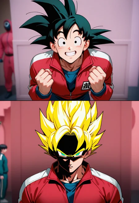 masterpiece, best quality, newest, absurdres, highres, 2boys, 2koma, looking at viewer, comic, scene reference, track jacket, blurry background, <lora:Year1&Year2SquidGameMeme_illusXLNoobAI_Incrs_v1:1>, dual persona, expressions, smile, son goku, spiked hair, black hair, clenched hands, male focus, grin, leaning forward,
masterpiece, best quality, newest, absurdres, highres, 2boys, 2koma, looking at viewer, comic, scene reference, track jacket, blurry background, <lora:Year1&Year2SquidGameMeme_illusXLNoobAI_Incrs_v1:1>, dual persona, shaded face, son goku, super saiyan, blonde hair, spiked hair, high contrast, dark,