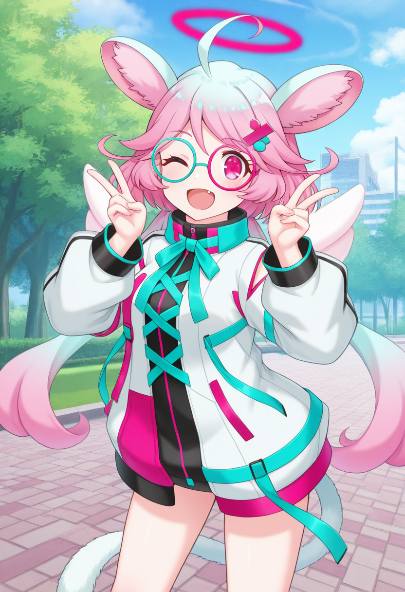 1girl,solo,<lora:gyaraco:0.9>,gyaraco_(show_by_rock!!),halo,pink eyes,glasses,ahoge,multicolored hair,low twintails,blue hair,pink hair,gradient hair,animal ears,tail,hair ornament,wings,fang,ribbon,bow,jacket,long sleeves,puffy long sleeves,looking_at_viewer,cowboy_shot,smile,wink,v,double_v,open mouth,day,park,masterpiece,best quality,good quality,newest,incredibly absurdres,legs_apart,