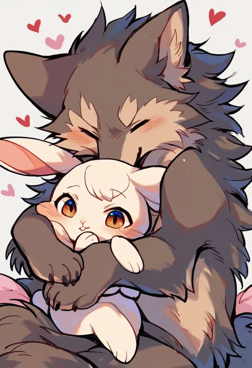 score_10, score_9_up, score_8_up, source_furry, furry, a couple, couple, two animals, cute, Rabbit falls in love with wolf, hug, the wolf is overwhelmed, Romantic, detail, no human, source_furry, (wolf, boy), (rabbit, girl, rabbit ears), no human, feral, chibi, 1boy1girl, furry only, anime, furry and furry, fairy tale